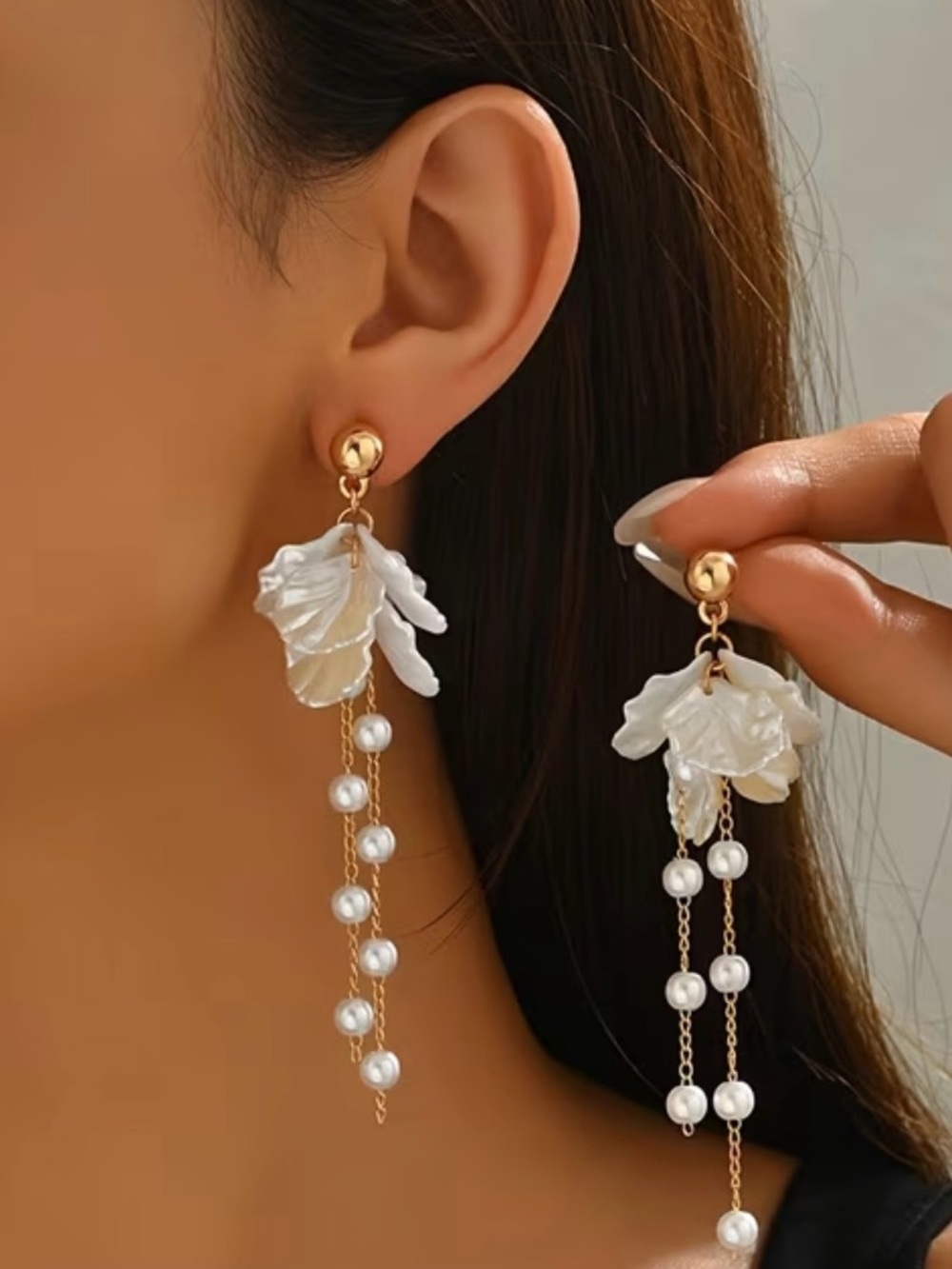Pearl Leaf Drop Earrings in White & Gold Tone New